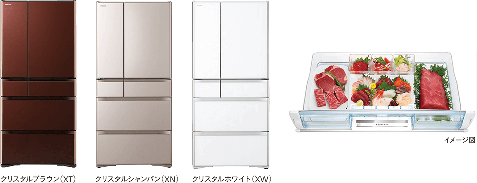 大容量冷蔵庫「真空チルド」R-XG6700H（XT），（XN），（XW）の外観（左），真空チルド（右）