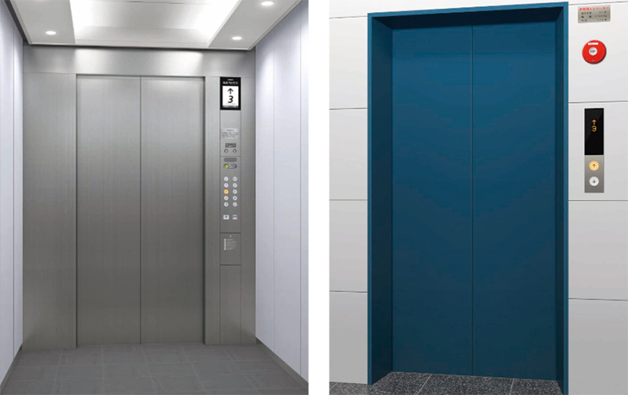 機械室レス非常用エレベーターかご内デザイン（左）と出入口デザイン（右）の例