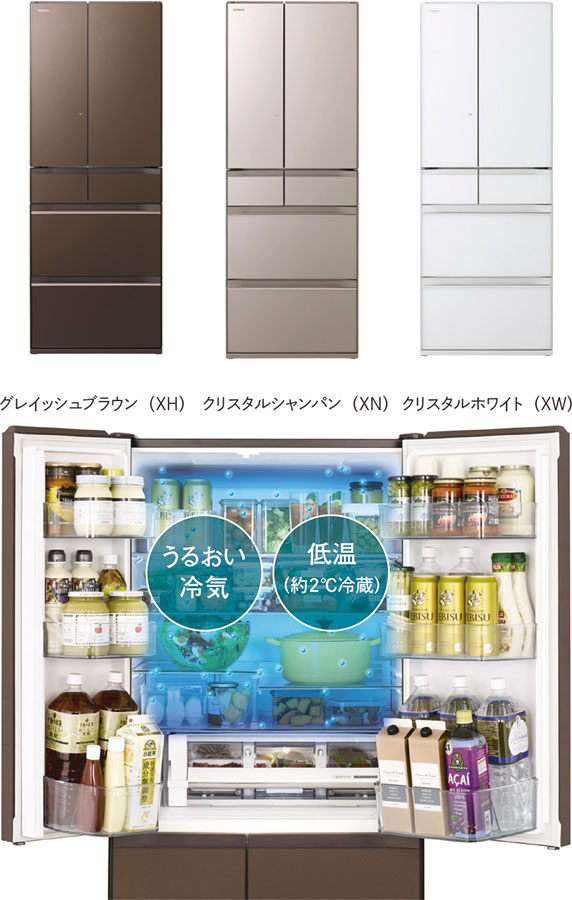 大容量冷蔵庫「真空チルド」R-HW60Jの外観（上）と「うるおい低温冷蔵」イメージ図（下）
