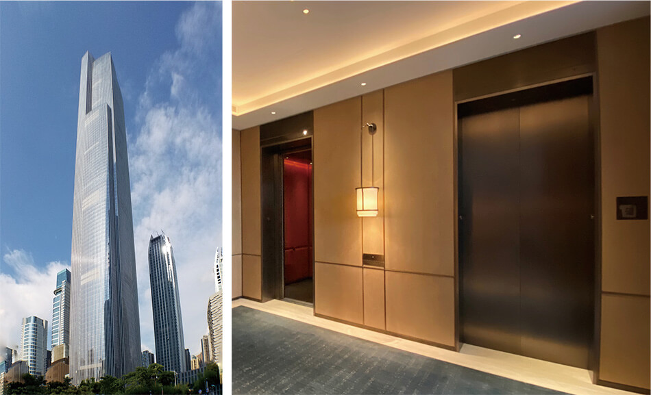 ［1］広州周大福金融中心（左）および世界最高速エレベーターの外観（右）