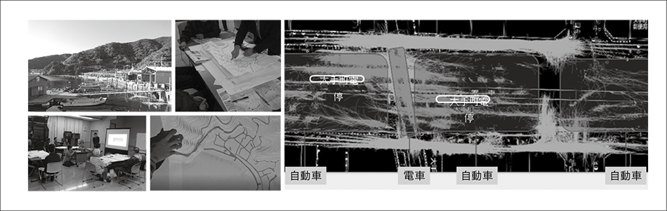 図7｜愛媛県愛南町における事前復興の取り組み（左），レーザーセンサーによる松山市大手町駅付近の乗降客の行動計測（右）