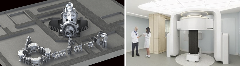 ［07］回転ガントリ（中央）と座位治療システム（右）を備えた陽子線治療システムのイメージ（左図）とLeo Cancer Care社の座位治療システムのイメージ（右図）